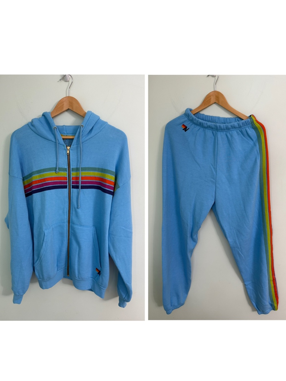 Aviator Nation 5 Stripe Relaxed Zip Hoodie & Sweatpants Set Sky Blue Size Large